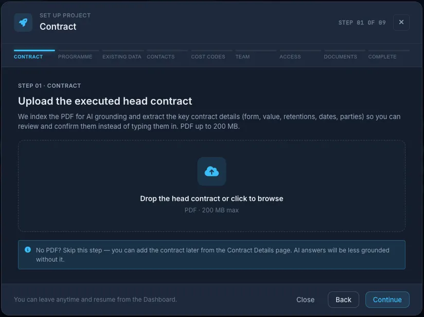 Truvect project setup wizard — nine guided steps from contract upload to documents