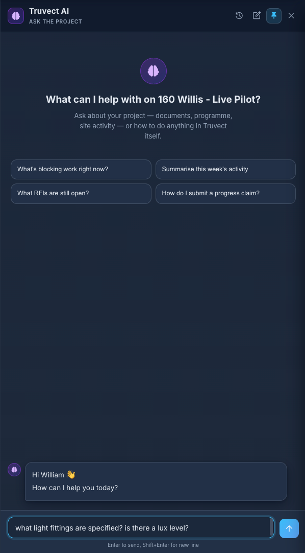 Truvect AI — Ask the project: a question about specified light fittings and lux levels typed into the chat