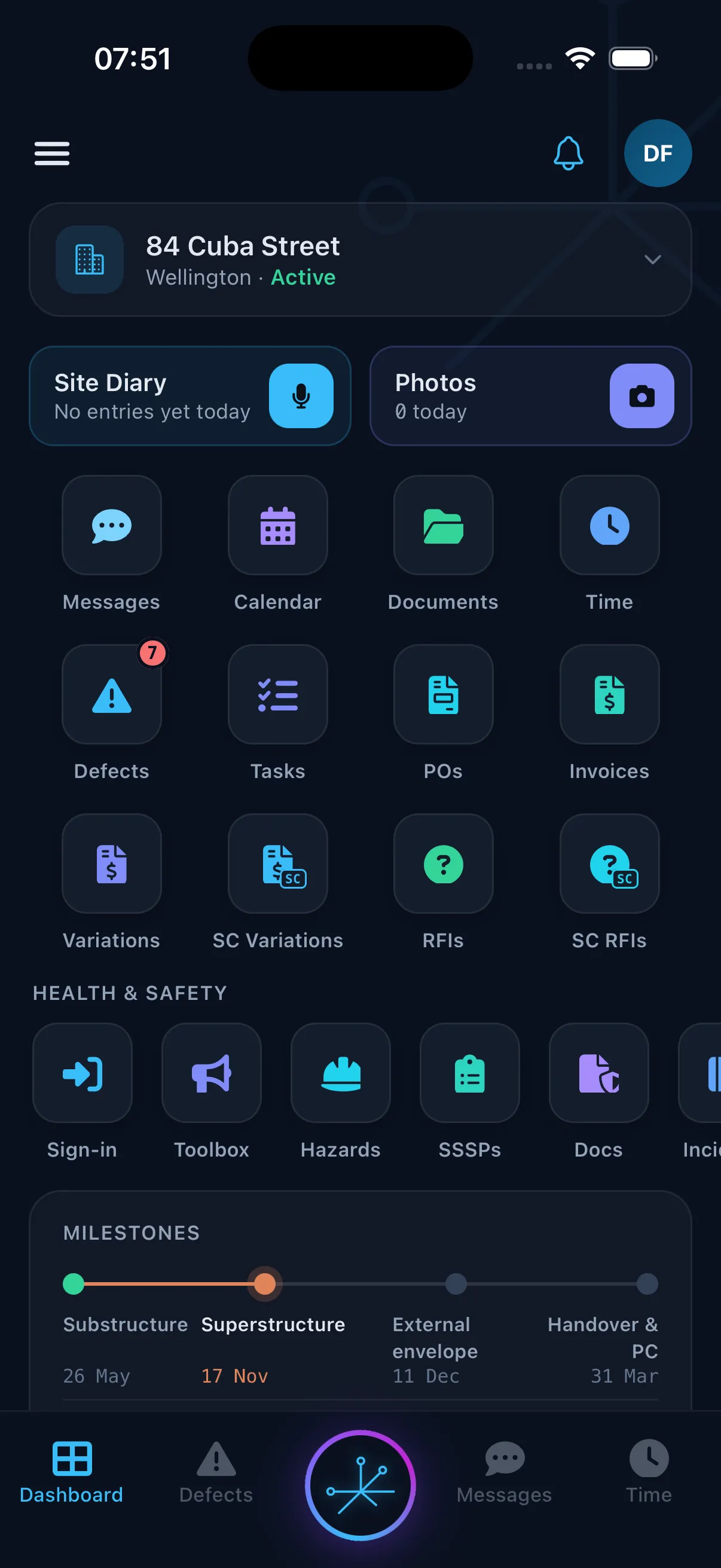 Truvect mobile dashboard — site diary and photos, the module grid, health and safety rail and milestones