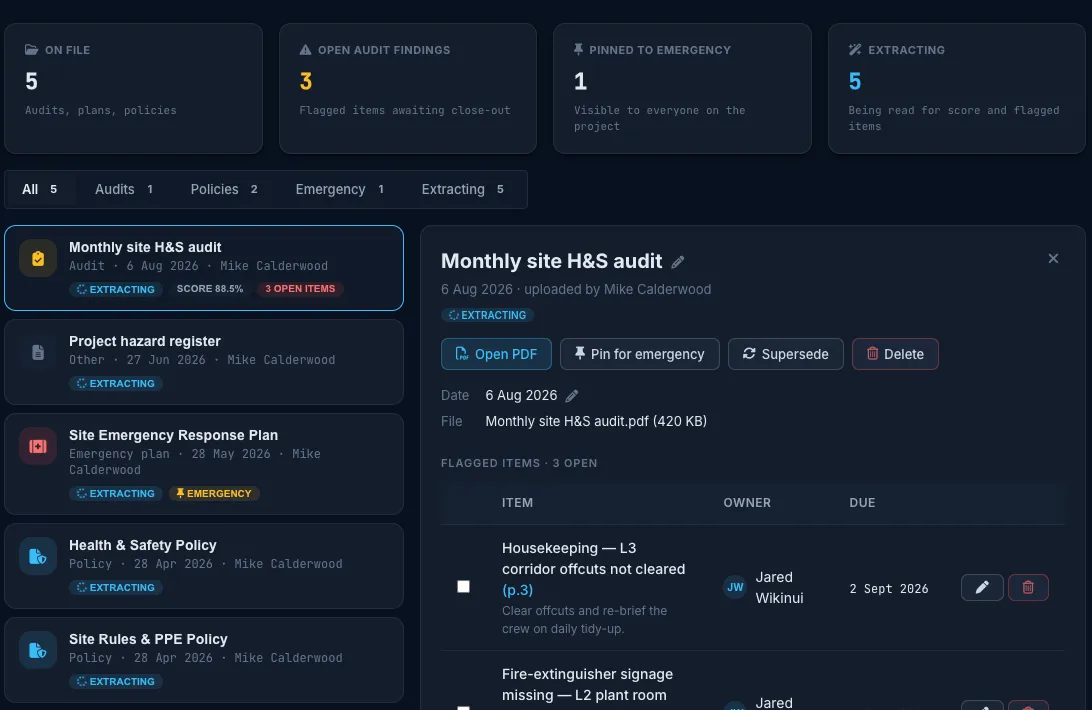 Truvect health and safety — document library of audits, policies and emergency plans with AI-extracted findings, owners and due dates
