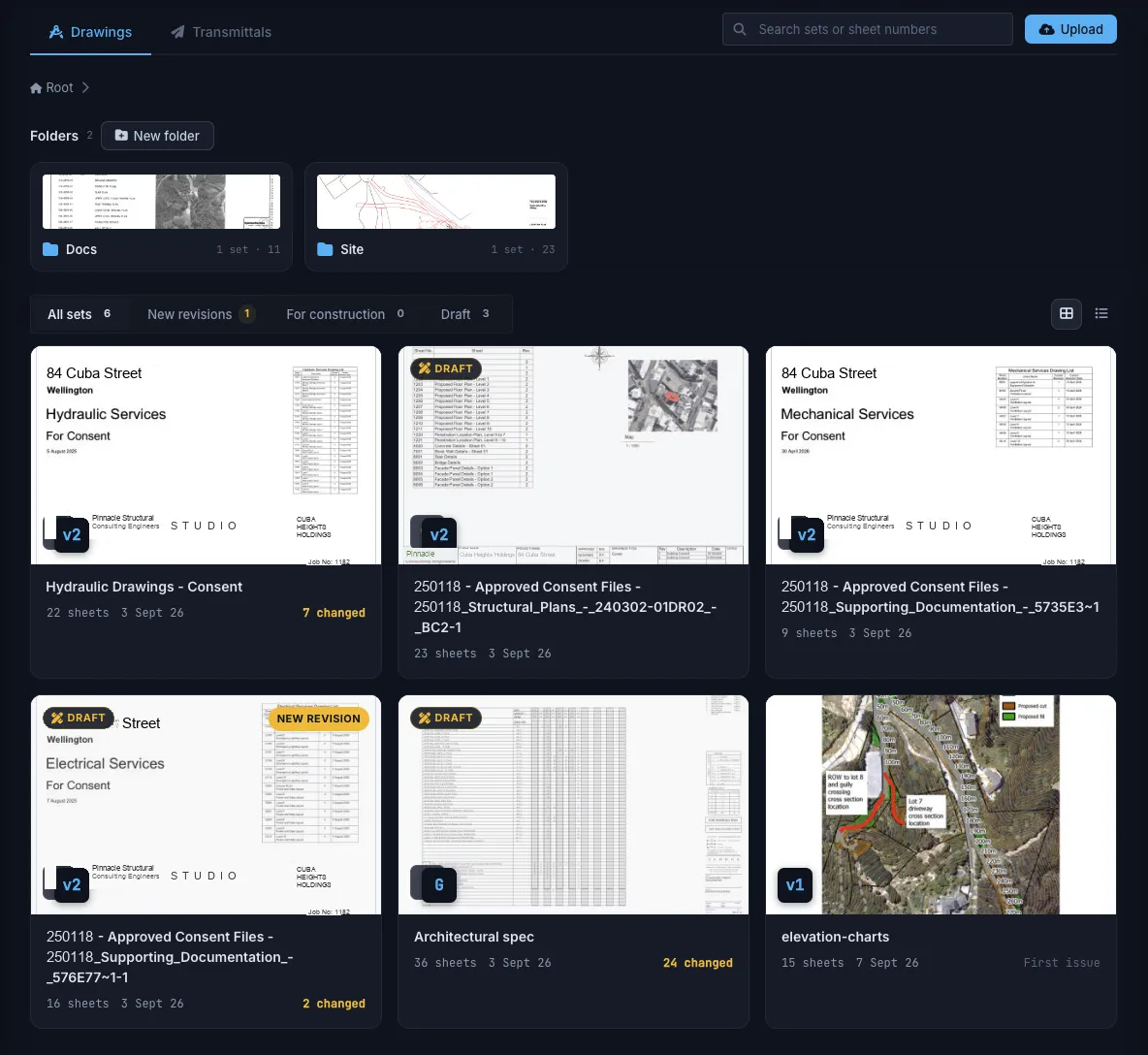Truvect drawings register — every drawing set on the project, with new revisions flagged