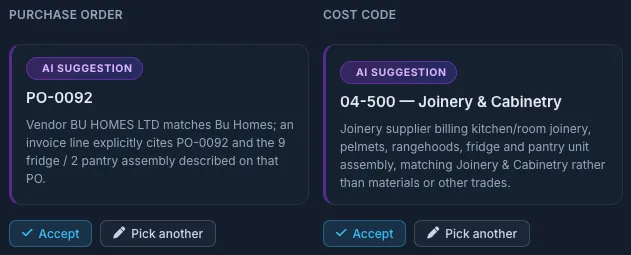 Truvect AI invoice matching — a suggested purchase order and cost code, each with the AI's reasoning and accept or pick-another buttons