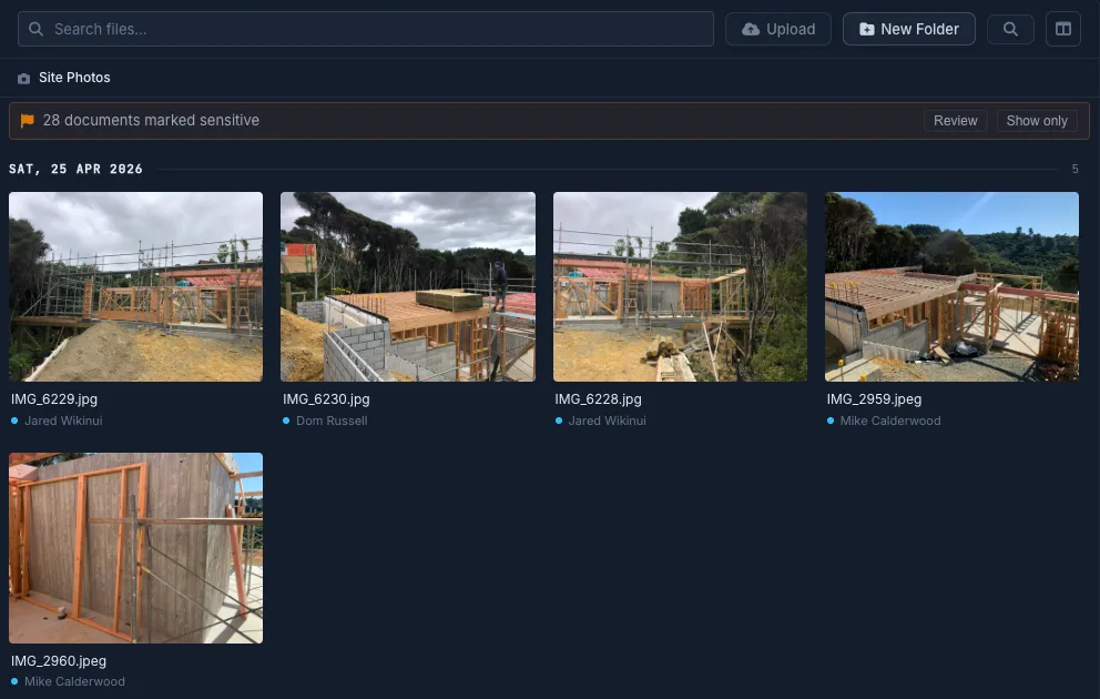 Truvect document library — the Site Photos folder as a photo grid, filed by date with the photographer on each shot