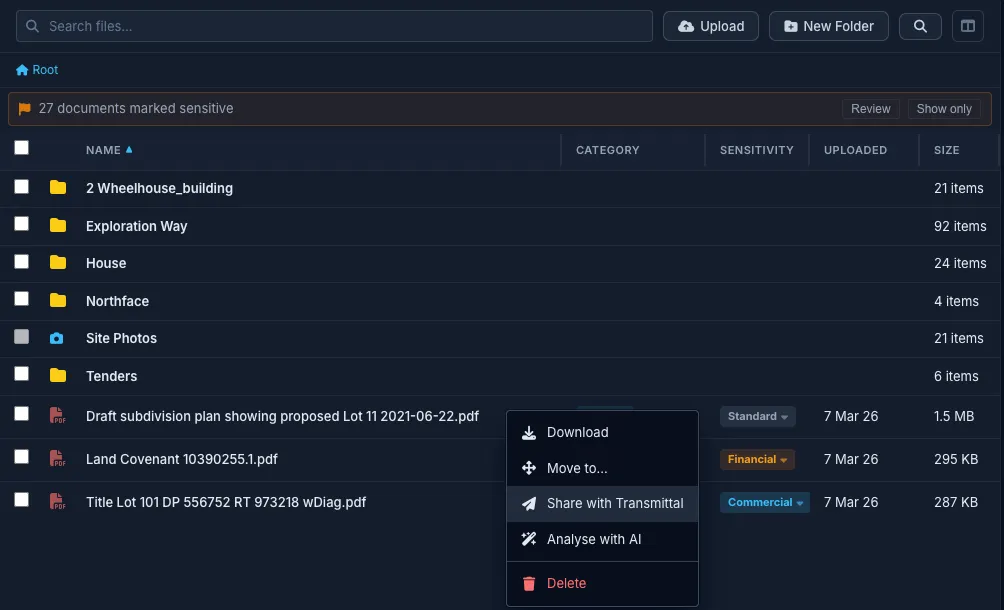 Truvect document library — a document's menu open on Share with Transmittal, next to Download, Move to and Analyse with AI