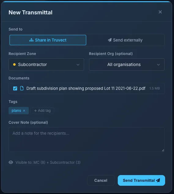 Truvect New Transmittal — the subdivision plan going to the subcontractor zone, with tags, a cover note, and who can see it stated before sending